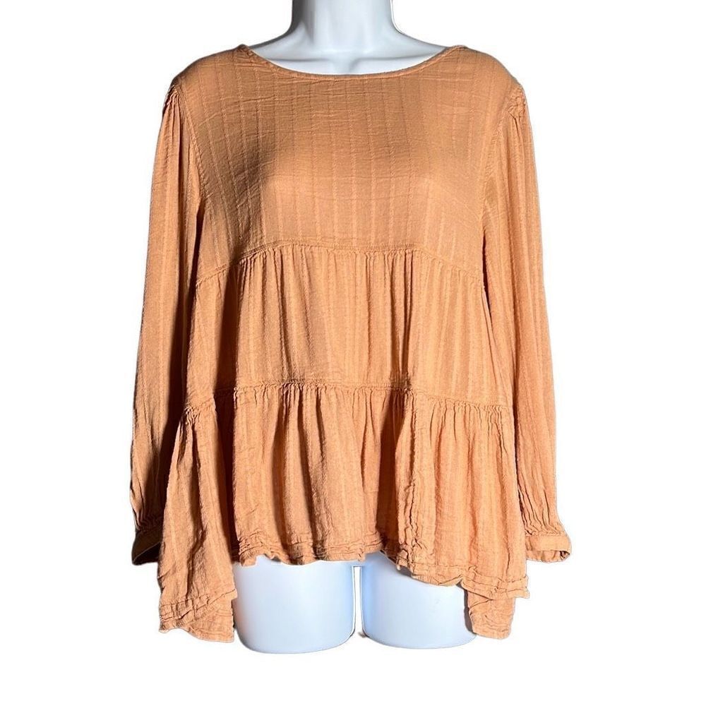 American Eagle Womens Tiered Top Blouse Long Sleeve Cutout Back Orange Medium